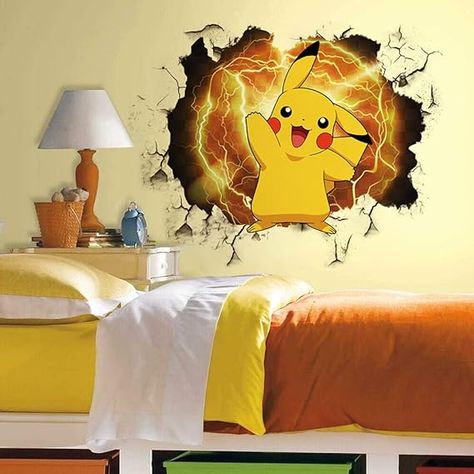 Pokemon Bedroom, Boys Wall Stickers, Pokemon Room, Broken Wall, Pokemon Painting, Pikachu Pikachu, Wall Sticker Design, Boys Bedroom Makeover, Pikachu Plush