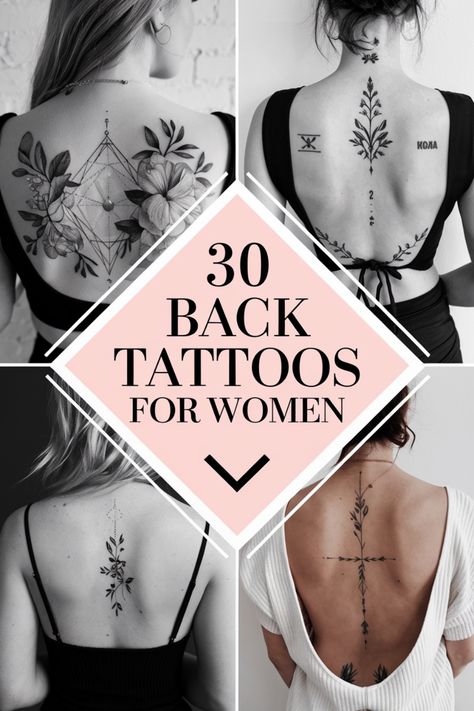 30 back tattoos for women. Add Ons To Back Tattoos, Warrior Back Tattoo For Women, Womens Back Tattoo Ideas, Delicate Floral Spine Tattoos For Women, Simple Spin Tattoos, Unique Women Tattoos Creative, Linear Back Tattoo Women, Brazilian Tattoos For Women, Rose Back Tattoos For Women