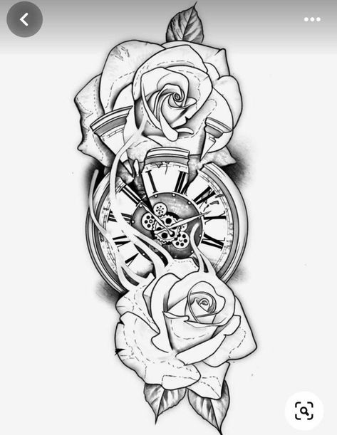 Rose Time Clock Tattoo, Time Clock Tattoo, Time Piece Tattoo, Pocket Watch Tattoo Design, Clock And Rose Tattoo, Chest Tattoo Stencils, Tattoo Homme, Rose Tattoo Stencil, Watch Tattoo Design