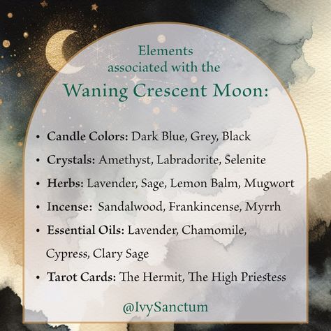 🌘✨ Enhance Your Waning Crescent Moon Rituals with These Elements ✨🌘 These elements align with the Waning Crescent Moon's themes of introspection, healing, divination, and preparation for the new beginnings of the New Moon. Use them to deepen your rituals and connect with the energies of this phase: 🕯️ Candle Colors: Dark Blue for deep introspection and calming the mind, Grey for spiritual reflection and to neutralize and balance energies, Black for protection as you transition into the New ... Waning Moon Magic, Waning Crescent Moon Ritual, Crystals For New Moon, Spiritual Offerings, Hearth Witch, Waning Crescent Moon, Witchy Journal, Waxing Crescent Moon, Candle Colors