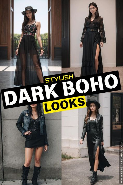 Stylish Dark Boho Looks Dark Boho Outfits, Edgy Boho Outfits, Edgy Classic Style, Dark Boho Fashion, Boho Outfit Ideas, Rocker Chic Style, Edgy Boho, Boho Looks, Dark Boho