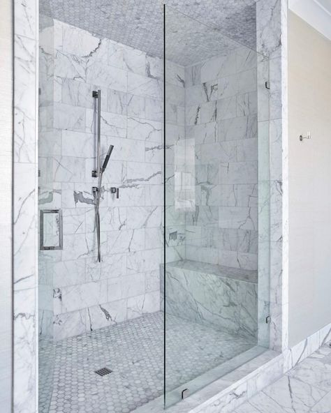 white marble shower | tiled ceiling, walls and floor | bathroom design by jenkins interiors | jenkinsinteriors.com Modern Bathroom Master, Bathtub Fixtures, Shower Ceiling Tile, Tiled Ceiling, Shower Glass Doors, Jenkins Interiors, Shower Ceiling, White Marble Shower, Marble Shower Tile