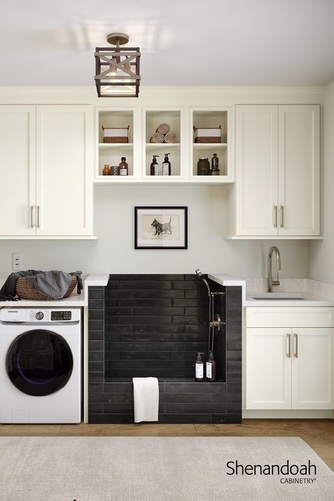 Design with Shenandoah Painted Vanilla cabinetry in smaller spaces, reflecting light for a more open and airy feel. This pet-friendly laundry room even includes a dog wash station to make bathtime easier. Finish: Shenandoah Glasson Painted Vanilla Available only at Lowe’s! Dog Wash Station, Dog Bathing Station, Dog Station, Pet Washing Station, Wash Station, Washing Station, Laundry Time, Dog Washing Station, Feature Wall Bedroom