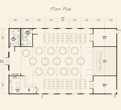 Pre-designed Event Center Ponderosa Country Barn Main Floor Plan Layout Small Event Space Design Ideas, Wedding Venue Bathroom Ideas, Wedding Venue Building Plans, Multipurpose Hall Plan Layout, 100 Person Wedding, Small Event Space Design, Event Venue Business, Wedding Floor Plan, Event Space Design