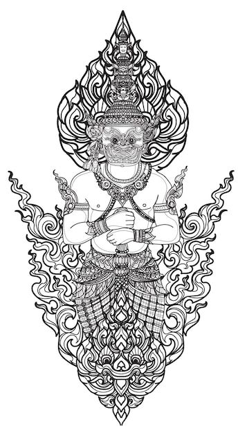 Tattoo art thai giant pattern literature... | Premium Vector #Freepik #vector #thai-buddha #thai-culture #temple #thai-temple Hand Drawing Sketch, Khmer Tattoo, Vector Tattoo, Monkey Pattern, Thai Tattoo, About Tattoo, Tibetan Art, Bird Pattern, Thai Art