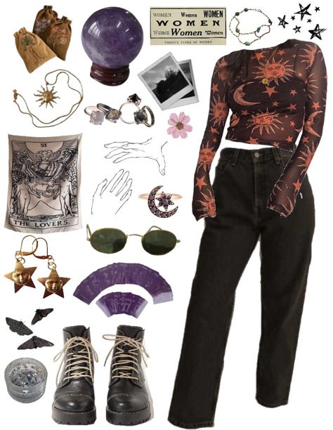 Grungy Witch Aesthetic, Urban Witch Fashion, Witch Aesthetic Accessories, 90s Grunge Witch Aesthetic, Alt Witch Outfits, Grunge Witch Aesthetic Outfit, Grunge Witchy Outfits, Witchcore Fashion Grunge, Punk Witch Aesthetic