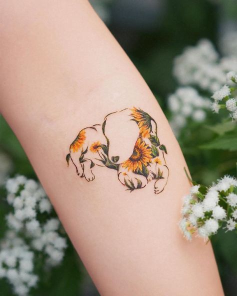 Dog In Flowers Tattoo, Dog And Sunflower Tattoo, Pet Flower Tattoo, Sunflower Dog Tattoo, Dog Tattoo Flowers, Dog With Flowers Tattoo, Flower Dog Tattoo, Ollie Tattoo, Dog Flower Tattoo