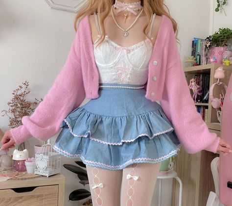 Kawaii Fashion Outfits, Swaggy Outfits, Pink Outfits, Really Cute Outfits, Kawaii Clothes, Basic Outfits, Cute Skirts, Looks Style, Denim Mini