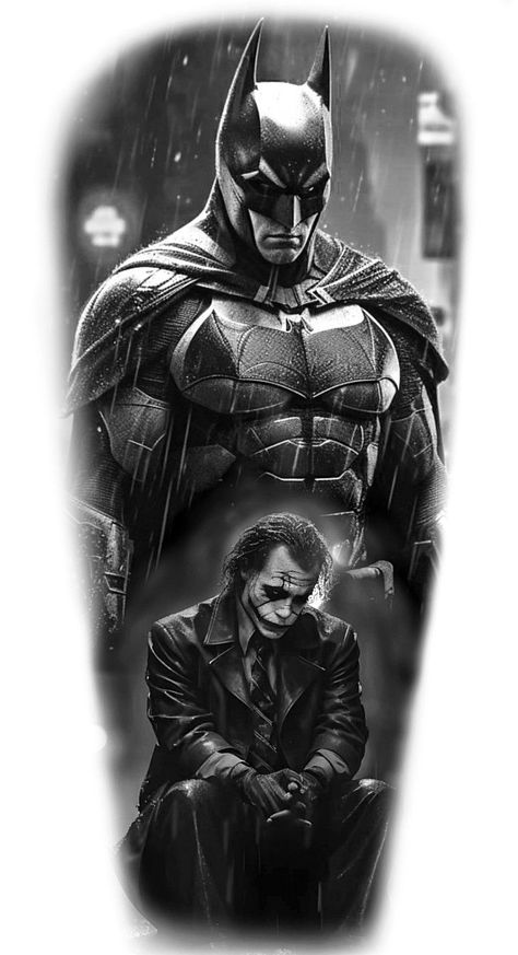 Design Tattoo Black And Grey, Black N Grey Tattoo Design, Dc Comic Tattoo, Black And Grey Tattoo Design Realistic, Comic Tattoo Design, Joker Art Tattoo, Comics Tattoo Ideas, Realist Tattoos, Batman Tatoos