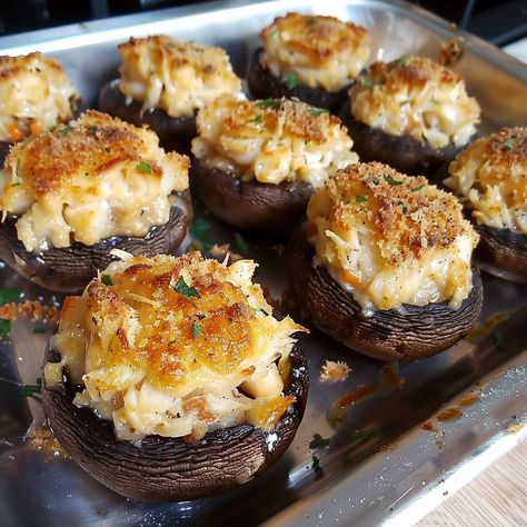 Savory Crab Stuffed Mushrooms Recipe Looking to seriously impress your guests with a restaurant-quality appetizer that's as easy as it is delicious? These Savory Crab Stuffed Mushrooms need to be on your menu! Crabmeat Stuffed Mushrooms, Crab Stuffed Mushroom Caps, School Bake Sale, Mushroom Bites, Mushroom Appetizers, Crab Stuffed Mushrooms, Creamy Crab, Stuffing Ingredients, Crab Stuffed