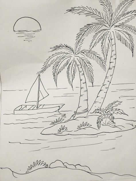 Beach Sketch Simple, Beautiful Scenery Drawing, Beach Sketches, Ocean Drawing, Landscape Pencil Drawings, Decorative Painting Patterns, Easy Flower Drawings, The Art Sherpa, Beach Drawing