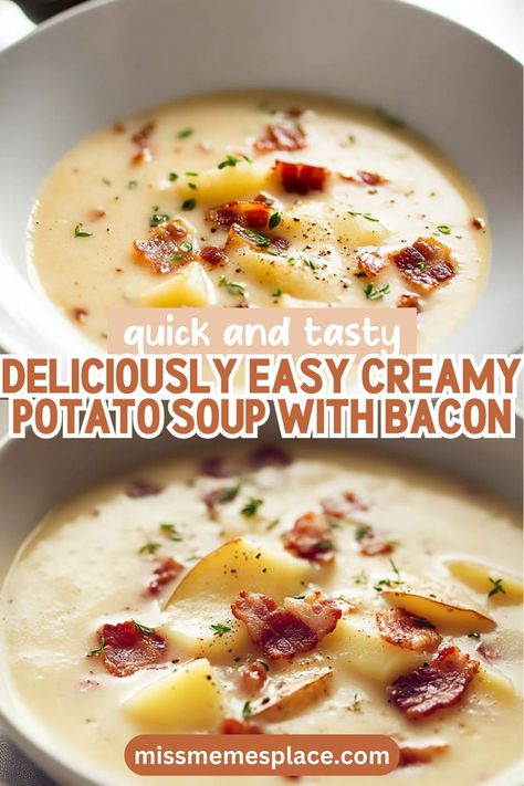 Looking for a quick and satisfying meal? Try this deliciously easy creamy potato soup with bacon. Made with simple ingredients like russet potatoes, crispy bacon, and heavy cream, this recipe delivers rich flavors in every spoonful. Perfect for weeknight dinners or cozy gatherings, this soup is sure to be a hit! Plus, enjoy the delightful aroma wafting through your kitchen as it simmers. Don't forget to save some crispy bacon for topping to add that irresistible crunch! Creamy Potato Soup With Bacon, Easy Creamy Potato Soup, Potato Soup With Bacon, Russet Potato Recipes, Potatoes Crispy, Soup With Bacon, Potato Bacon Soup, Potato Bacon, Cream Of Potato Soup