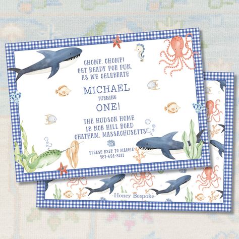 My son was invited to a birthday party recently, with a shark themed birthday invitation. I decided to make shark themed stationery as part of his buddie's birthday present...which inspired this whole shark themed set! Available now!🦈 Shark Birthday Invitations Boys, Shark Invitations Birthday, Shark Invitation Template, Shark Invitations, Shark Signs For Birthday Party, Shark Themed Birthday, Hudson Homes, Turning One, Birthday Present