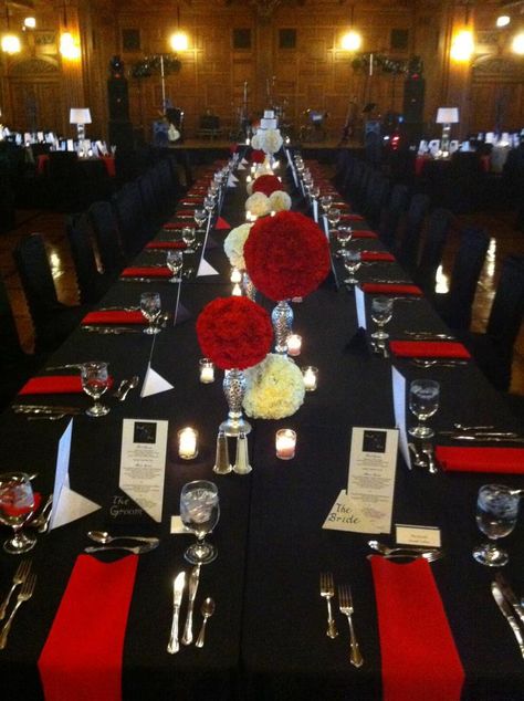 Red Satin Napkins accent the Black Table Linens and Black Chair Covers Mafia Party, Wedding Table Linens, Dark Wedding, Red Party, Black Chair, Long Table, Black Table, Gothic Wedding, 50th Birthday Party