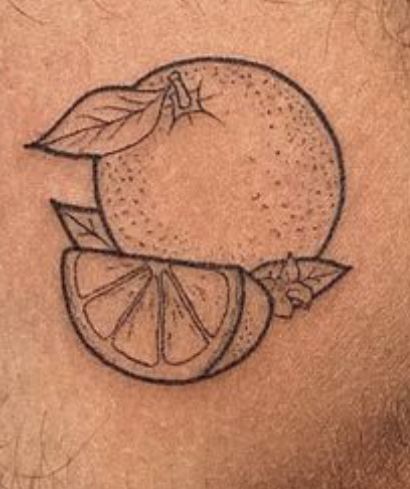 Tangerine Tattoo Black And White, Simple Orange Tattoo, Wendy Cope Tattoo, Orange Tattoo Fine Line, Clementine Tattoo Black And White, Orange Tattoo Fruit Minimal, Orange Peel Tattoo, Orange Stamp Tattoo, Orange Tattoo Black And White