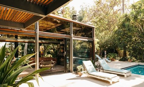 Laurel Canyon Mid-Century Modern Marvel - 8956 Wonderland Park — The Hollywood Home The Hollywood Home Wonderland Park, Los Angeles Neighborhoods, Hollywood Homes, Wood Beam Ceiling, Laurel Canyon, Mirrored Furniture, House Built, Park Avenue, Wood Burning Fireplace