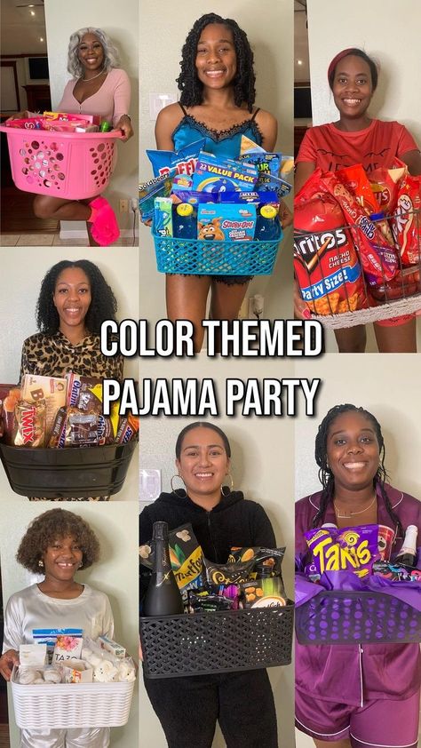 Pink Party Basket Ideas, Color Themed Sleepover, Lady’s Night Ideas, Birthday Night In Ideas, Color Board Night Food, Pajama Game Night Party Ideas, Ladies Night Color Party, Sleep Over Themed Birthday Party, Girls Night Color Theme Food