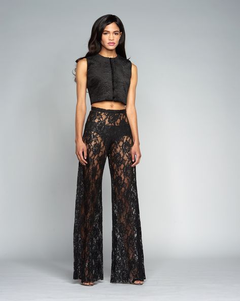 Lace Trousers Outfit Classy, Lace Pants Outfit Classy, Black Lace Pants Outfit, Lace Trousers Outfit, Zinnias Garden, Black Lace Outfit, Lace Pants Outfit, Lace Loungewear, Black Lace Pants