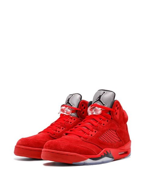 Shop red Jordan Air Jordan 5 Retro red suede with Express Delivery - Farfetch Red Nike Shoes, Nike Air Jordan Shoes, Jordans Girls, Jordan Shoes Girls, Jordan Shoes Retro, Shoes Sneakers Jordans, Jordan 5 Retro, Nike Air Shoes, Fashion Shoes Sneakers