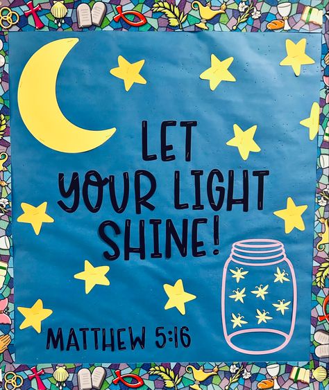 Be A Light Bulletin Board, Matthew 5 16 Craft For Kids, Let Your Light Shine Classroom Theme, Be The Light Bulletin Board Ideas, Shine Vbs 2024 Decorations, Shine Vbs Decorations, Let Your Light Shine Bulletin Board, Summer Church Bulletin Boards, Christian Bulletin Board Ideas