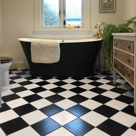 Chess Floor, Black Tile Bathroom Floor, Patterned Bathroom, Condo Inspiration, Black Tile Bathrooms, Checkered Floor, Pool Bathroom, Bathroom Transformation, Black Tile