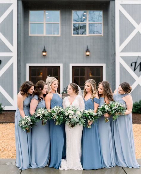 Steel Blue Weddings, Steel Blue Bridesmaid Dresses, Blue Hydrangea Wedding, Summer Garden Wedding, Dusty Blue Bridesmaid Dresses, Hydrangeas Wedding, Sisters Dress, Blue Themed Wedding, Bridesmaid Dress Styles