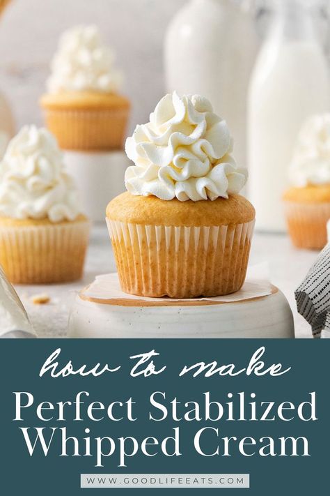 Stabilized Whipped Cream holds its shape for longer than traditional whipped cream and is perfect for decorating cakes and pies for special occasions. Learn how to stabilize whipped cream with gelatin, plus 4 other easy methods! Stabilized whipped cream is just whipped cream with an extra ingredient added to help the cream hold its shape and stay light and fluffy for longer periods of time. Make your own Stabalized Whip Cream! | @goodlifeeats Whipped Cream With Gelatin, Whipped Cream Frosting Cake, Stabilize Whipped Cream, Whipped Icing Recipes, Icing Recipe For Cake, Whipped Cream Frosting Recipe, Stabilized Whipped Cream Frosting, Whipped Cream Icing, Cakes And Pies