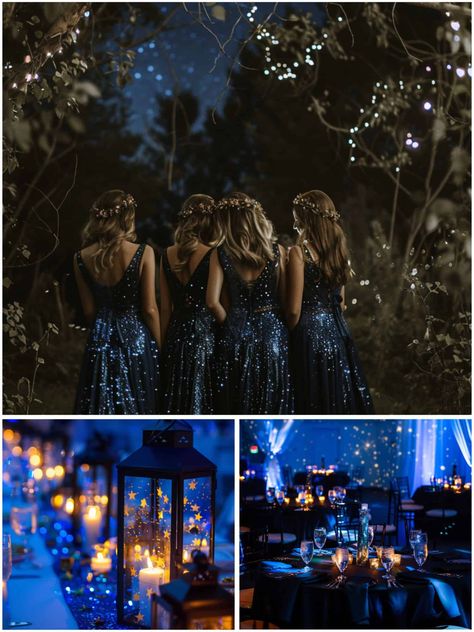 A Starry Night Wedding, Midnight Themed Wedding, Celestial Wedding Color Palette, Night Court Wedding Aesthetic, Galaxy Theme Wedding, Night Court Wedding, Galaxy Wedding Theme, Space Wedding Theme, Celestial Theme Wedding