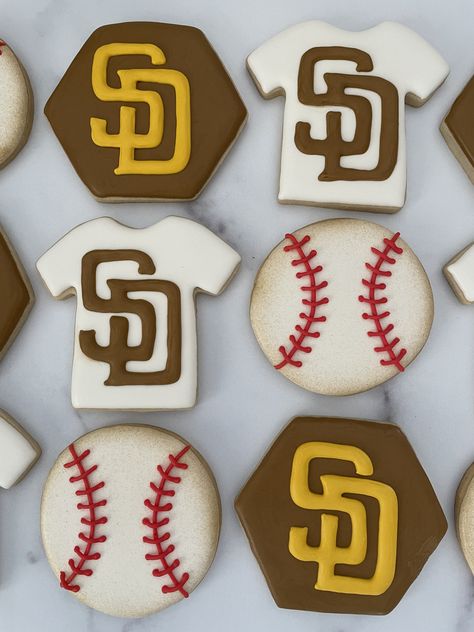 Padres Birthday Party, San Diego Padres Birthday Party, 1st Birthday Baseball Cookies, Baseball Theme Cookies 1st Birthday, Baseball Jersey Cookies Decorated, The Sandlot Cookies Decorated, Baseball Cookies, 45th Birthday, Royal Iced Cookies