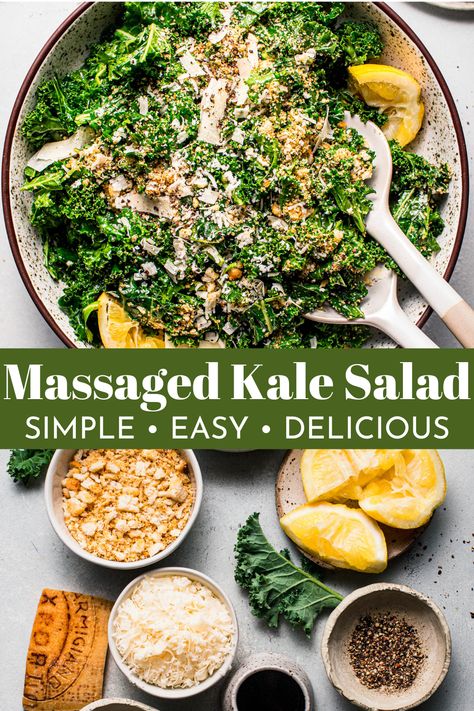 This Simple Kale Salad tosses kale, parmesan cheese, and croutons with a zesty lemon dressing to give you a perfect light meal or healthy side dish for any occasion. Ready in 10 minutes! Tuscan Kale Salad Recipes, Lacinato Kale Salad, Marinated Kale Salad, Kale Detox Salad, Simple Kale Salad, Kale Feta, Feta Salad Recipe, Lamb Dinner, Lemon Salad