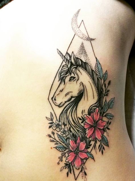 Unicorn Tattoo | Tattoo Ideas and Inspiration Small Unicorn Tattoo, Scottish Unicorn, Tattoo On Thigh, Unicorn Tattoo, Unicorn Tattoos, Tattoo Tattoo, Dreamcatcher Tattoo, Tattoo On, Triangle Tattoo