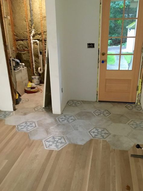 FullSizeRender 4 Bathroom Floor Transition, Transition Interior Design, Tile To Wood Transition, Floor Transition, Transition Flooring, Wood Floor Design, Floor Designs, Ideas For Bathroom, Hexagon Tile