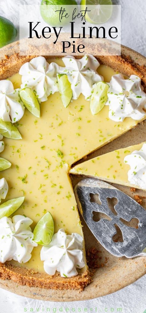 Key Lime Pie - this summer classic has a creamy smooth, tart filling and a sweet graham cracker crust. Use fresh key limes and plenty of zest for the best flavor! #savingroomfordessert #keylime #keylimepie #pie #lime #dessert Key Lime Recipes, Key Lime Pie Easy, Key Limes, Homemade Graham Cracker Crust, Favorite Pie Recipes, Lime Pie Recipe, Keylime Pie Recipe, Homemade Graham Crackers, Tart Filling