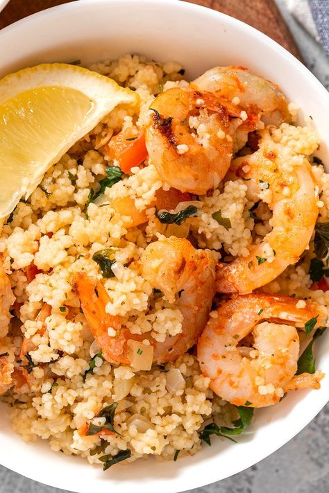 Shrimp Couscous Recipe Shrimp With Couscous Recipe, Shrimp Couscous, Couscous Recipe, Cooked Shrimp, Greek Chicken Recipes, Recipe For Dinner, Yummy Seafood, Couscous Recipes, Shrimp And Rice