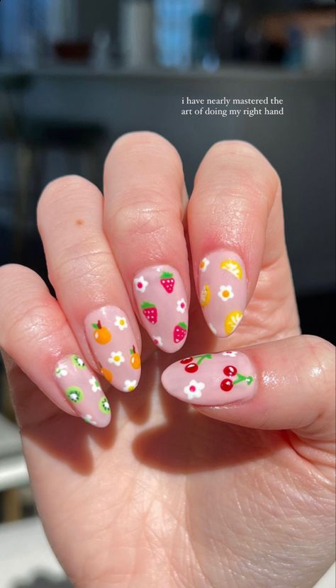 Nail Art Fruit, Fruit Nail Designs, Fruit Nail Art, August Nails, Aesthetic Nails, Summery Nails, Her Nails, Summer Acrylic Nails, Kawaii Nails