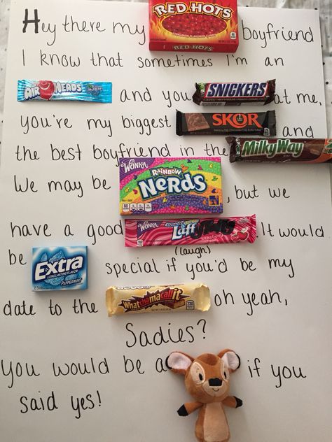 Hey there my Red Hots boyfriend. I know that sometimes I'm and Airhead and you Snicker at me but you're my biggest Skor and the best boyfriend in the Milky Way. We may be Nerds, but we have a good Laff. It would be Extra special if you would be my date the the Whatchamacallit oh yeah Sadies? You would be a deer if you said yes #sadies #sadiehawkins #proposal #boyfriend #girlsaskguys Would You Be My Boyfriend Proposal, Ways To Ask A Boy To Be Your Boyfriend, Be My Boyfriend Proposal, Cute Ways To Ask A Guy To Be Your Bf, Proposal Boyfriend, Boyfriend Proposal, Be My Boyfriend, The Best Boyfriend, Valentines Proposal