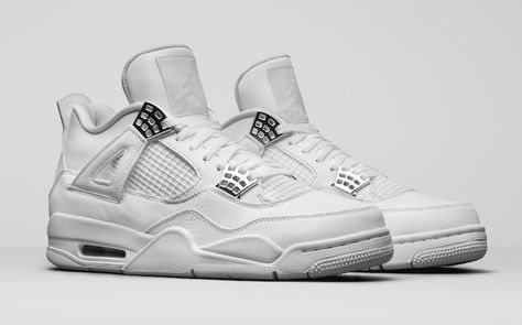 Any good sneaker design should work in White, and the Air Jordan 4 is no exception. Dressed in a clean White, Metallic Silver and Pure Platinum color scheme. This release is completed with “Pure$” underneath the back tabs, Chrome on the lace tabs and Jumpman heel logo. Air Jordan 4 Pure Money, Jordan 4 Pure Money, Sneaker Bar, Jordan Basketball Shoes, Best Basketball Shoes, Nike Retro, Jordan 4s, Jordan Shoes Retro, Air Jordan 4