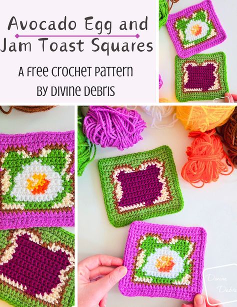 Avocado Egg and Jam Toast Squares Free Crochet Graphs - Divine Debris Toast Granny Square, Jam Toast, Crochet Graphs, Bowl Of Cereal, Cooling Scarf, Crochet Granny Squares, Little Designs, Avocado Egg, Crochet Granny