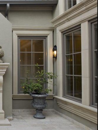 Thick Exterior Window Trim, Brown Window Trim Exterior, White Window Brown Trim Exterior, Stone Around Window Interior, Taupe Window Trim, French Casement Windows Exterior, European Windows Exterior, French Window Trim, European Window Trim