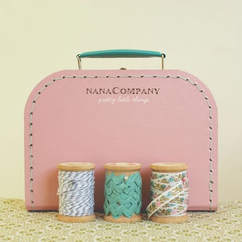 craft case, on Nana Company Nana Company, Wooden Spool Crafts, Pink Suitcase, Spool Crafts, Wood Spool, Waiting Patiently, Common Thread, Wooden Spools, Giveaway Time