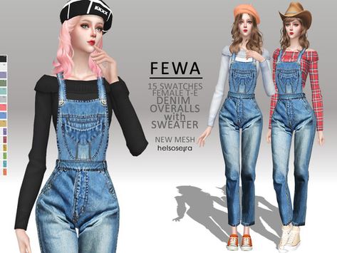 Style : Denim overalls with off-shoulder sweater Found in TSR Category 'Sims 4 Female Everyday' Sims 4 Overalls, Overalls With Sweater, Sims 4 Mac, Overalls And Sweater, Overalls Fashion, The Sims 4 Packs, Sims 4 Body Mods, Overalls Outfit, Oversized Shirt Dress