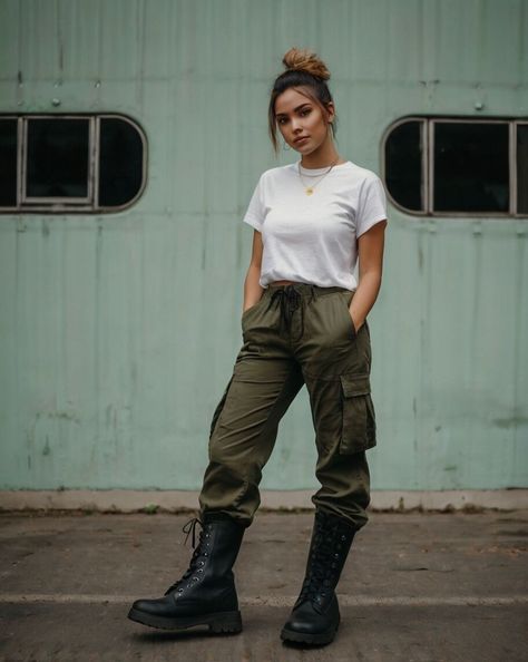 Combat Boots Cargo Pants, Cargo Pants With Boots, Green And Black Outfits, Pants With Boots, Cargo Pants Green, Black Combat Boots, Pants Green, Fashion Portrait, Art References