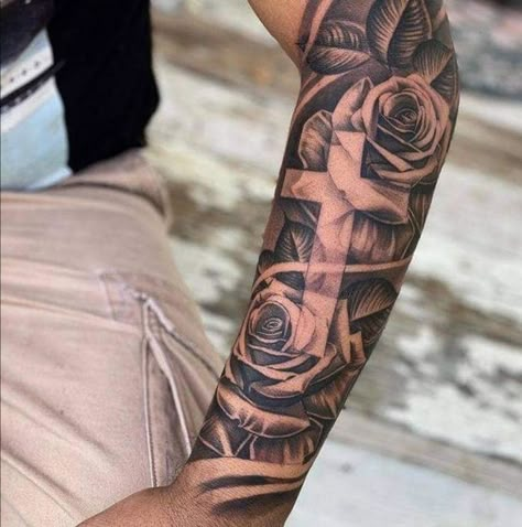 Tattoo Forearm Mens Creative, Wrap Around Forearm Tattoos Men, Rose Sleeve Tattoo For Men, Tj Tattoo, Half Sleeve Tattoos Forearm, Cool Half Sleeve Tattoos, Rose Tattoo Sleeve, Rose Tattoos For Men, Christian Sleeve Tattoo