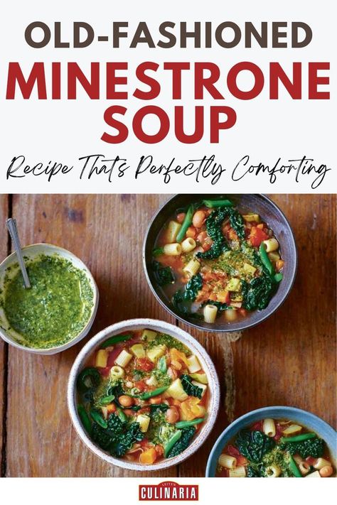 A bowl of colorful minestrone soup with pasta, beans, and leafy greens, served alongside a small dish of pesto. Classic Minestrone Soup Recipe, Minestrone Soup Recipe, Soups And Stews Recipes, Homemade Chicken Stock, Zucchini And Tomatoes, Potato Zucchini, Tiny Pasta, French Green Beans, Stews Recipes