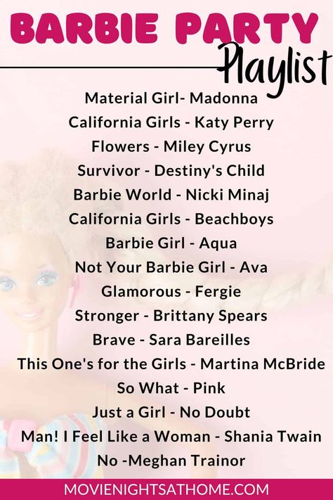 Barbie Galentines Party, Barbie Party Playlist, Sweet 16 Party Ideas Barbie, Barbie World Party, Barbie Birthday Snacks, Barbie Birthday Party Games For Kids, Movie Night Party Snacks, Barbie Party Decorations Kids, Barbie Party Foods