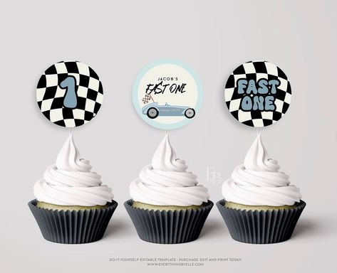 Checkered Birthday Party, Vans Party, Race Car First Birthday, Car First Birthday, First Birthday Cupcake Toppers, Blue Race Car, Daniel Silva, Link Edit, First Birthday Cupcakes