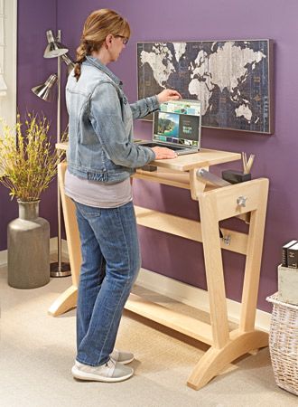 Desks Plans | Woodsmith Plans Diy Standing Desk Plans, Diy Standing Desk, Woodsmith Plans, Woodworking Desk Plans, Standing Desk Frame, Woodworking Projects Unique, Woodworking Bench Plans, Desk Plans, Unique Desks