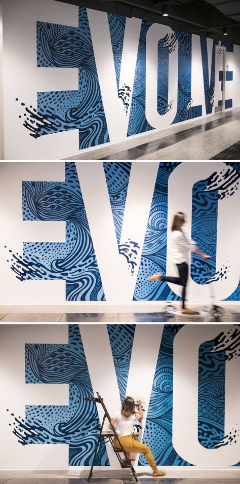 Evolve by Refinery 43 at John Hancock Tower Boston Wall Design Inspiration, Inspirational Murals Quotes, Office Wall Graphics Design, Black And White Murals, Corporate Wall Mural, Office Statement Wall, Brand Wall Design, Typographic Mural, Shop Wall Design