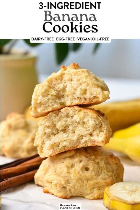 These easy 3-ingredient banana cookies are soft, chewy, easy banana drop cookies, 100% vegan, refined sugar-free, and oil-free. Banana Cookies Vegan, Banana Dessert Recipes Easy, 3 Ingredient Banana Cookies, Vegan Banana Cookies, Cookie Recipe With Oil, Conscious Plant Kitchen, Banana Cookies Healthy, Banana Recipes Easy, Banana Cookie Recipe