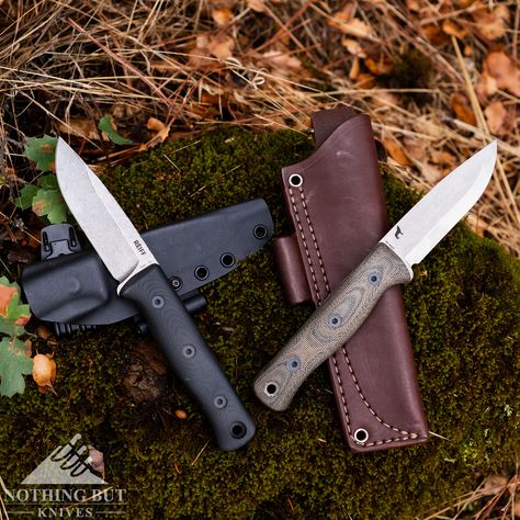 The two versions of the Reiff F4 fixed blade knife. The flat grind G10 handle scale version is on the left, and the Scandi grind Micarta handle scale version is on the right. Kopis Knife, Riddick Knives, Fairbairn Sykes Knife, Sheepsfoot Folding Knife, Civivi Knives, Bushcraft Knives, Bushcraft, Things To Come